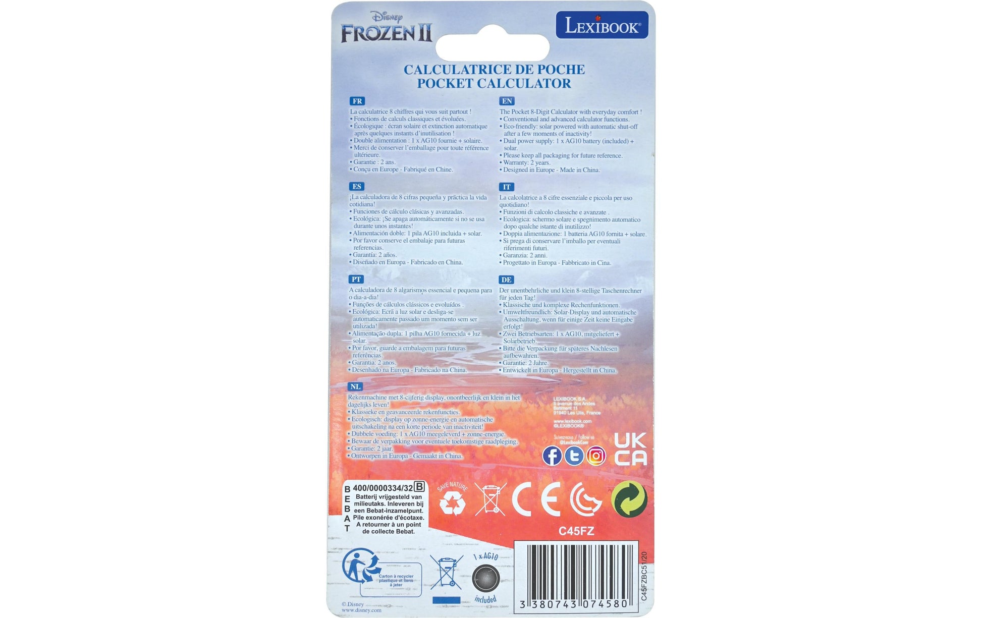 Lexibook Kinder-Taschenrechner Die Schneekönigin – 8-stellig – Solar/Batterie, mit Schutzabdeckung