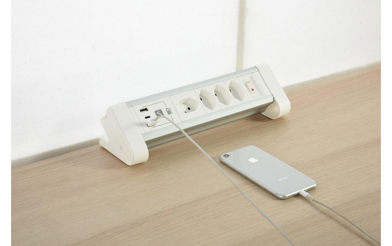 M. Schönenberger Schönenberger ALU Desktop Steckdoseneinheit – 4×T13, USB-C + 2×USB-A 20 W, 2 m, Schalter, Tisch