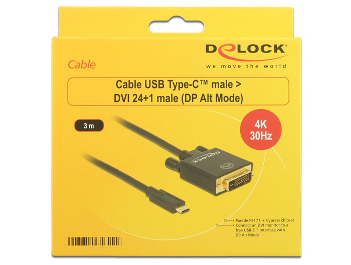 DeLOCK USB-C zu DVI-D Kabel – 4K (3840 × 2160), 3 m, Schwarz, für Geräte mit USB-C (DisplayPort Alt Mode)