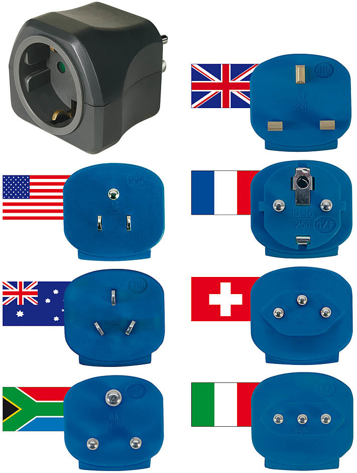 Brennenstuhl Reiseadapter Schweiz zu Australien – 3-polig (geerdet), 10 A, 250 V, 6 Einsätze, für >150 Länder