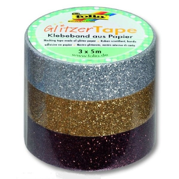 Folia Washi Tape Glitter – wiederablösbar, Kunststoff, 15 mm × 5 m, Silber/Gold/Braun, 3 Rollen