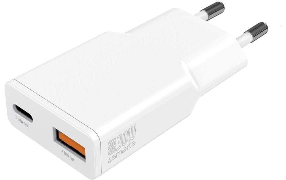 4smarts PDPlug Slim Duos USB-Ladegerät 30 W – USB-C×1, USB-A×1 – PD 3.0, PPS, GaN – EU-Stecker (Typ C) – Weiss