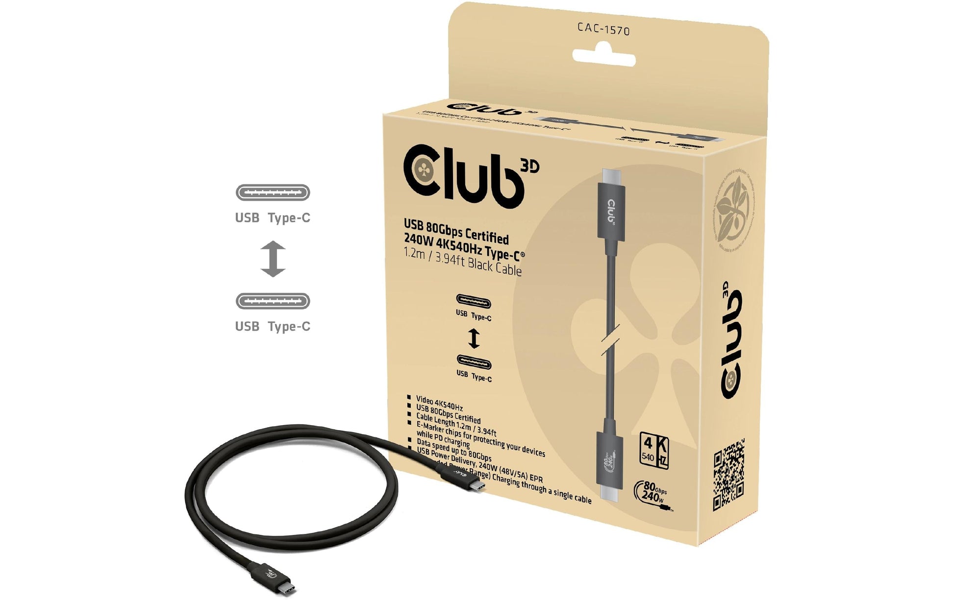 CLUB3D Club 3D – USB-C auf USB-C Kabel – USB4 80 Gbit/s – 1,2 m – PD 240 W – USB-IF zertifiziert – Schwarz