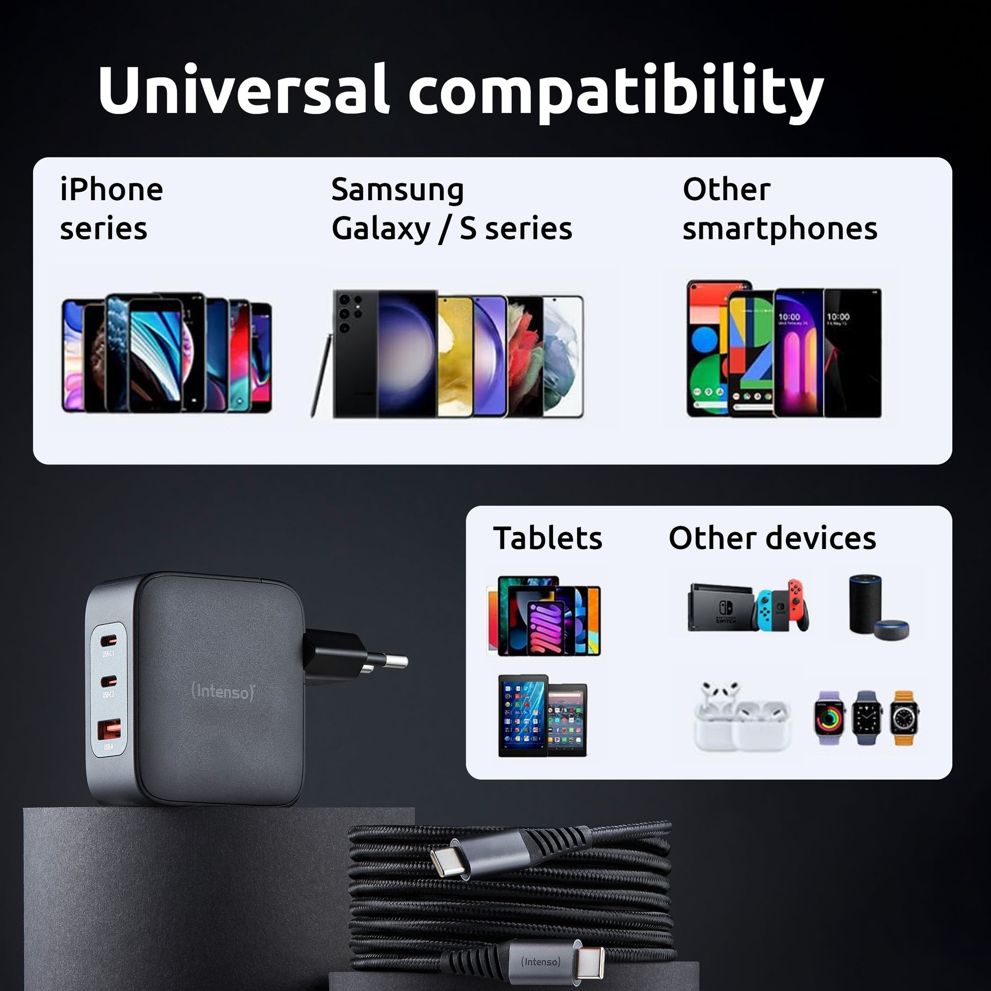 Intenso W100ACC USB-Ladegerät 100 W – USB-C×2, USB-A×1 – PD 3.0, PPS, QC 5, GaN – Schwarz
