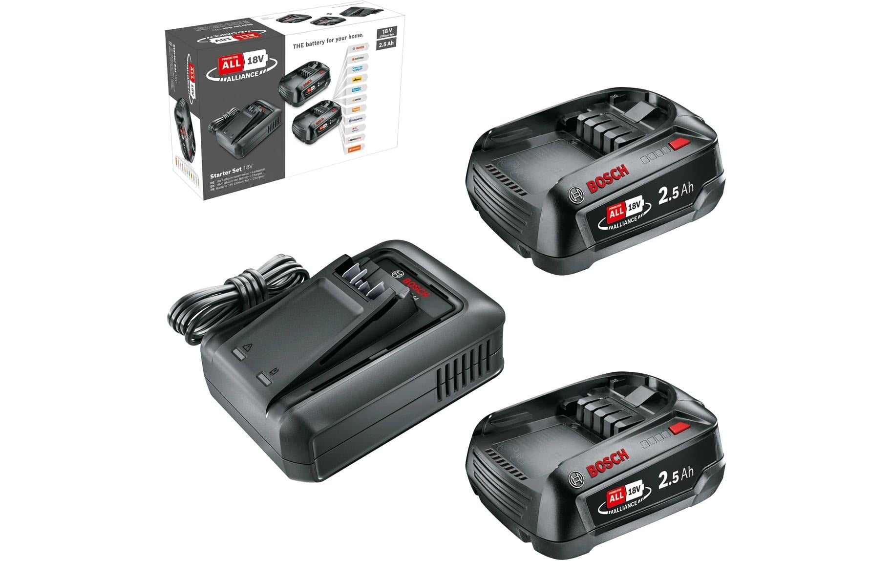 Bosch Akku & Ladegerät 18 V 2,5 Ah – POWER FOR ALL 18 V – 2 Stk – mit AL 18V-44