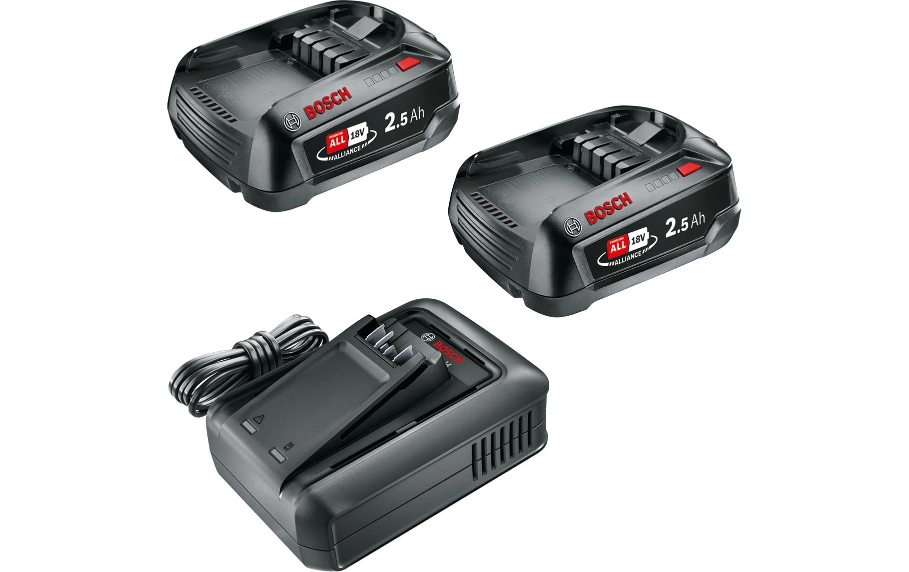 Bosch Akku & Ladegerät 18 V 2,5 Ah – POWER FOR ALL 18 V – 2 Stk – mit AL 18V-44