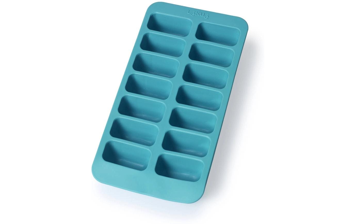 Lékué Rechteckige Eiswürfelform – 12 × 23 × 3,2 cm, Kunststoff (SBS), Türkis, 14 Eiswürfel, mit Deckel