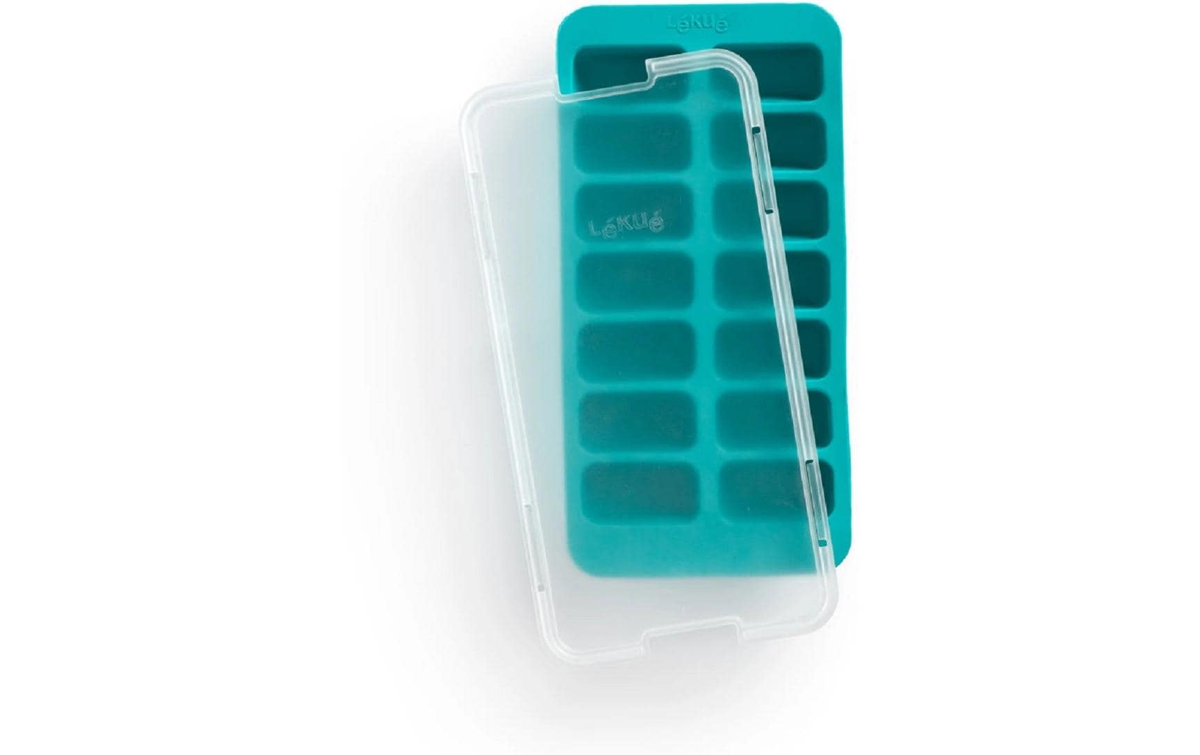 Lékué Rechteckige Eiswürfelform – 12 × 23 × 3,2 cm, Kunststoff (SBS), Türkis, 14 Eiswürfel, mit Deckel