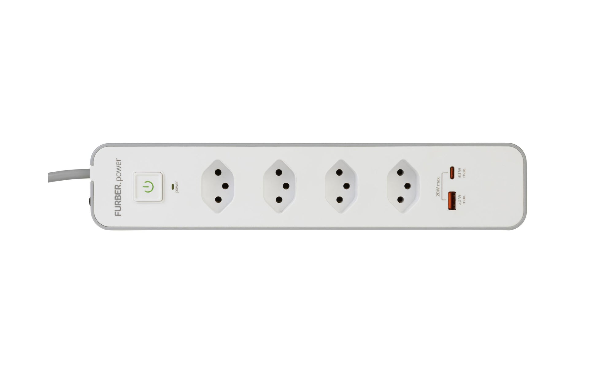 Furber. F.power Steckdosenleiste – 4× T13, USB‑A/C, 1,5 m, mit Schalter, Weiss