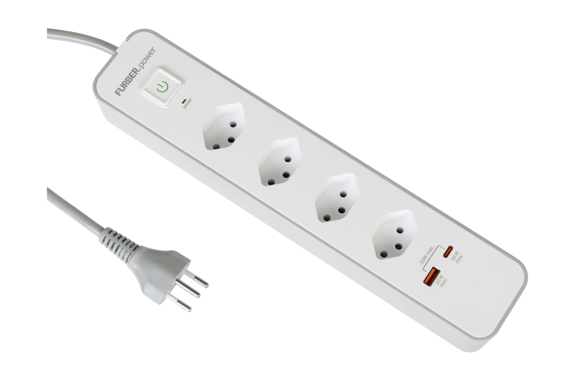 FURBER.power KIT25 Steckdosenleiste CH 4×T13 – USB‑A×1 – 1,5 m Kabel, Kinderschutz, Schalter – Weiss