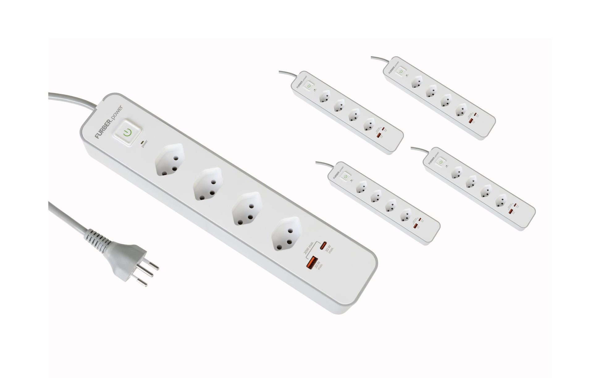 furber. F.power Steckdosenleiste – 4× T13, USB‑A, 1,5 m, mit Schalter, Weiss