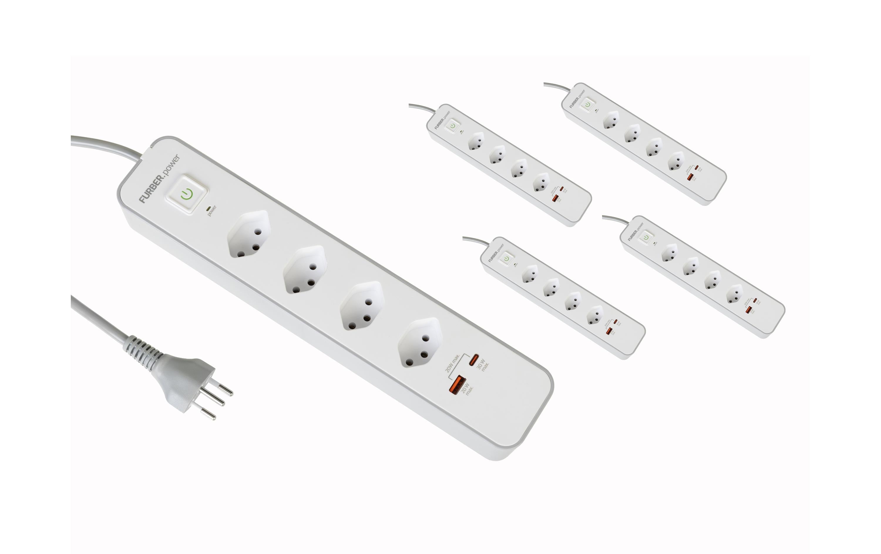 furber. F.power Steckdosenleiste – 4× T13, USB‑A, 1,5 m, mit Schalter, Weiss
