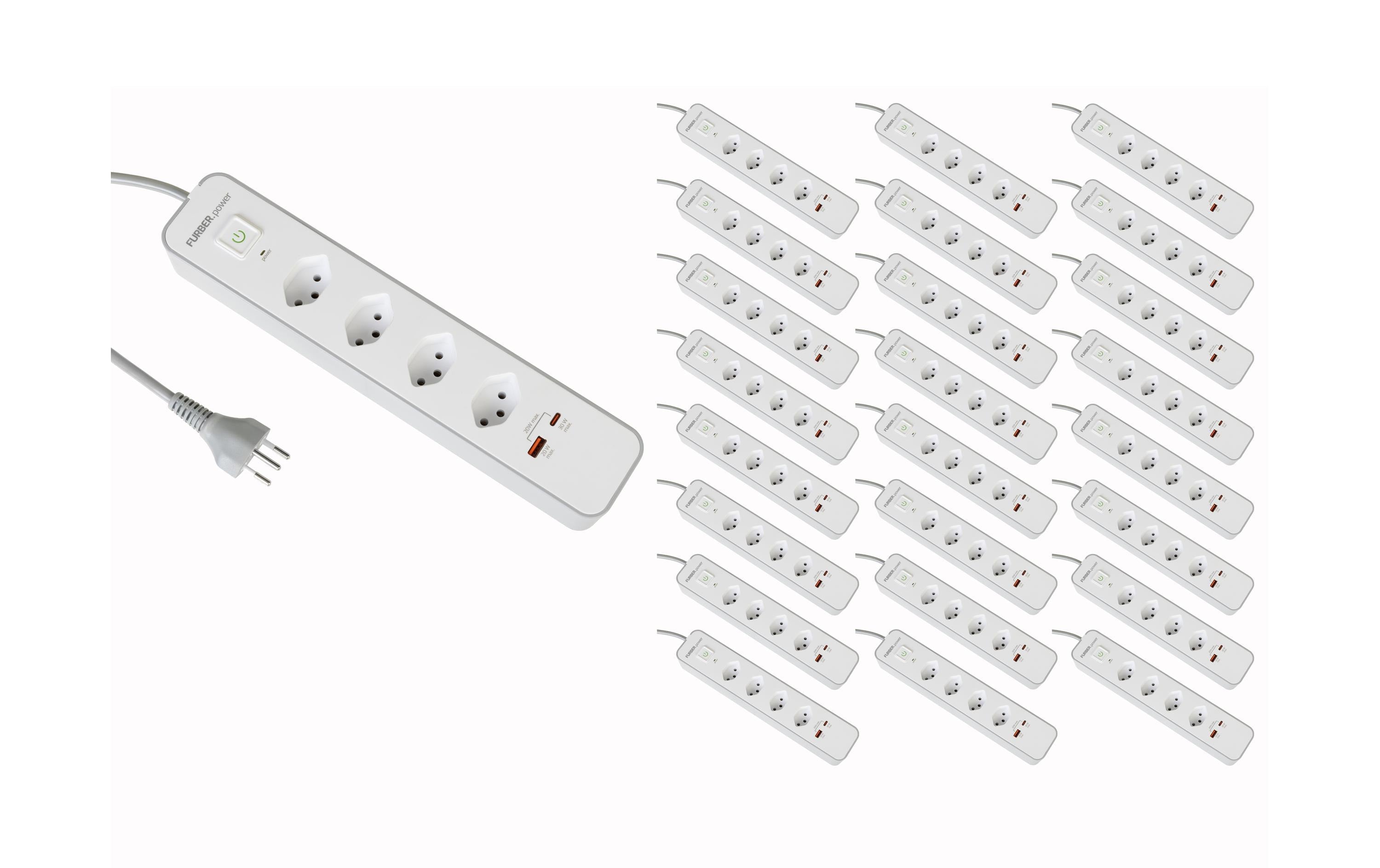 FURBER.power KIT25 Steckdosenleiste CH 4×T13 – USB‑A×1 – 1,5 m Kabel, Kinderschutz, Schalter – Weiss
