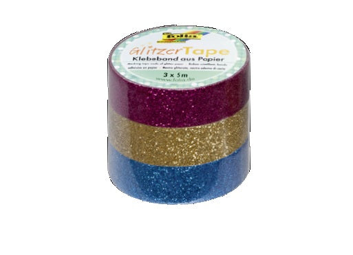 Folia Washi Tape Set Glitterfolie selbstklebend – mehrfarbig (Pink, Gold, Hellblau) – 15 mm × 5 m, 3er Set