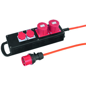 Steffen STEBA Gummi Steckdosenleiste, (2×CEE 16-5 + 2×T25), ohne Schalter, 5 m, Klappdeckel – schwarz/rot