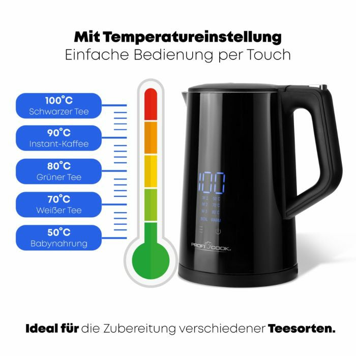 ProfiCook Wasserkocher – 1,7 l, mit Temperaturwahl, Warmhaltefunktion, Edelstahl, schwarz, PC-WKS 1243
