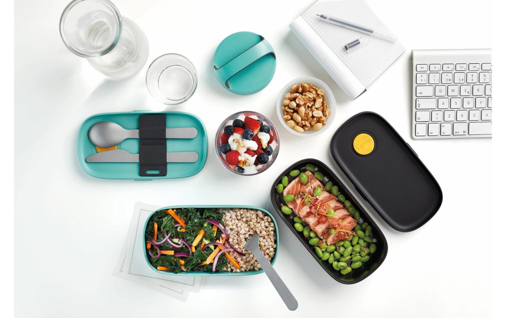Lékué Lunchbox – 1 l, 10,0 × 19,2 × 11,0 cm, Kunststoff (PP), Schwarz, mikrowellengeeignet, mit Besteck