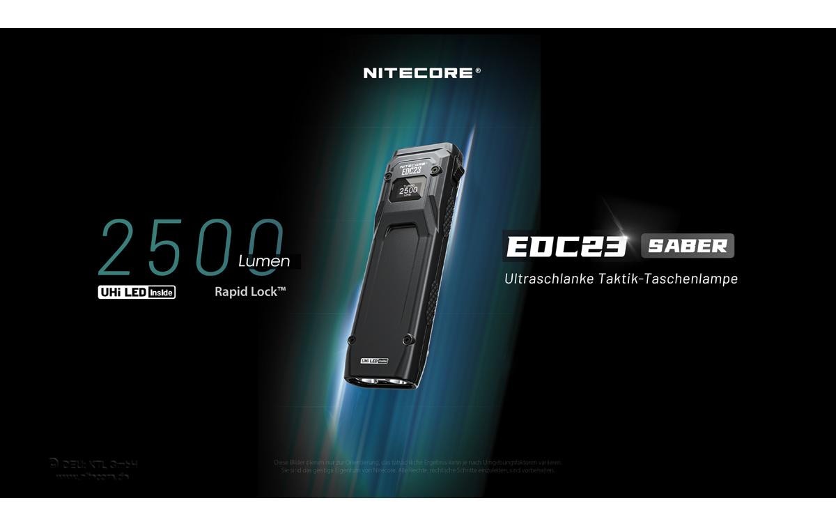 Nitecore Taschenlampe EDC23 – 2500 lm, 280 m, IP54, USB, Akku, 6 Modi – Schwarz