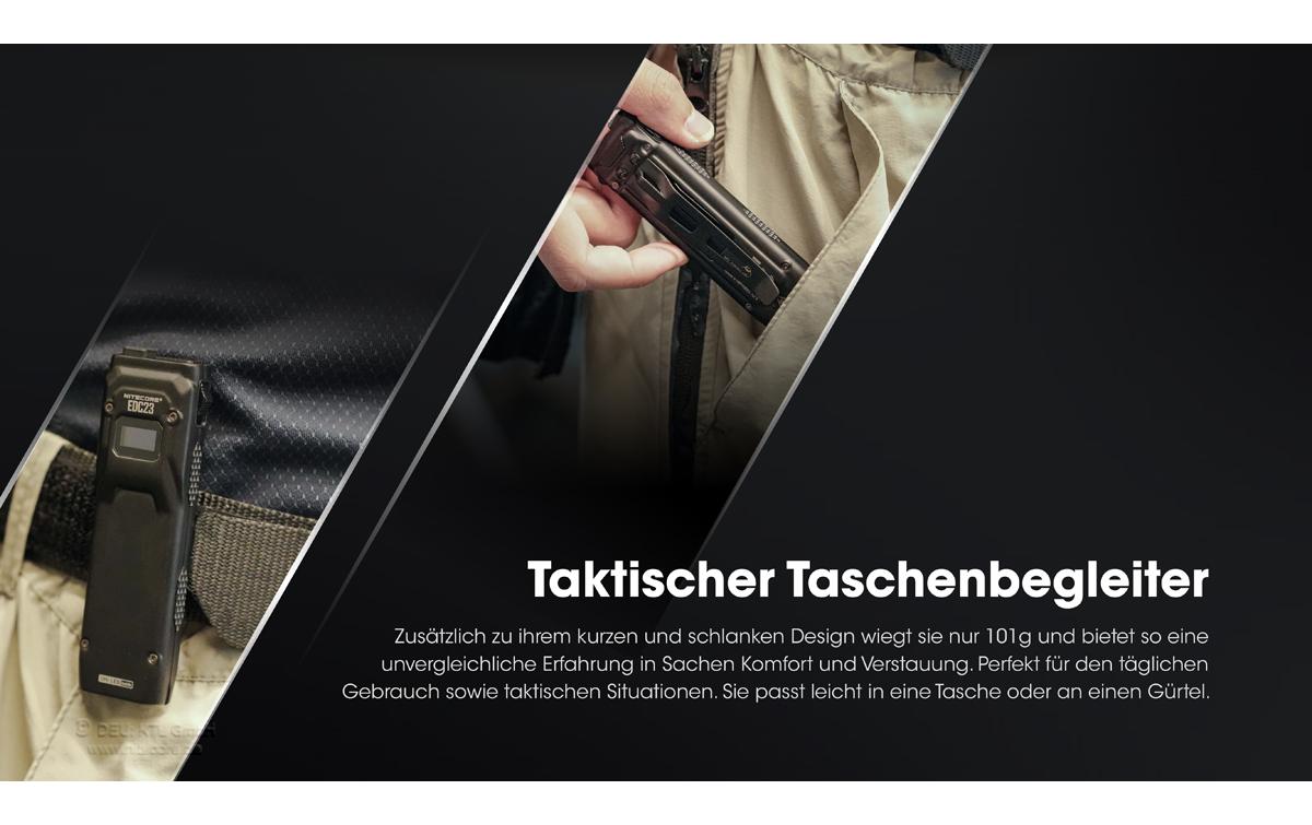 Nitecore Taschenlampe EDC23 – 2500 lm, 280 m, IP54, USB, Akku, 6 Modi – Schwarz