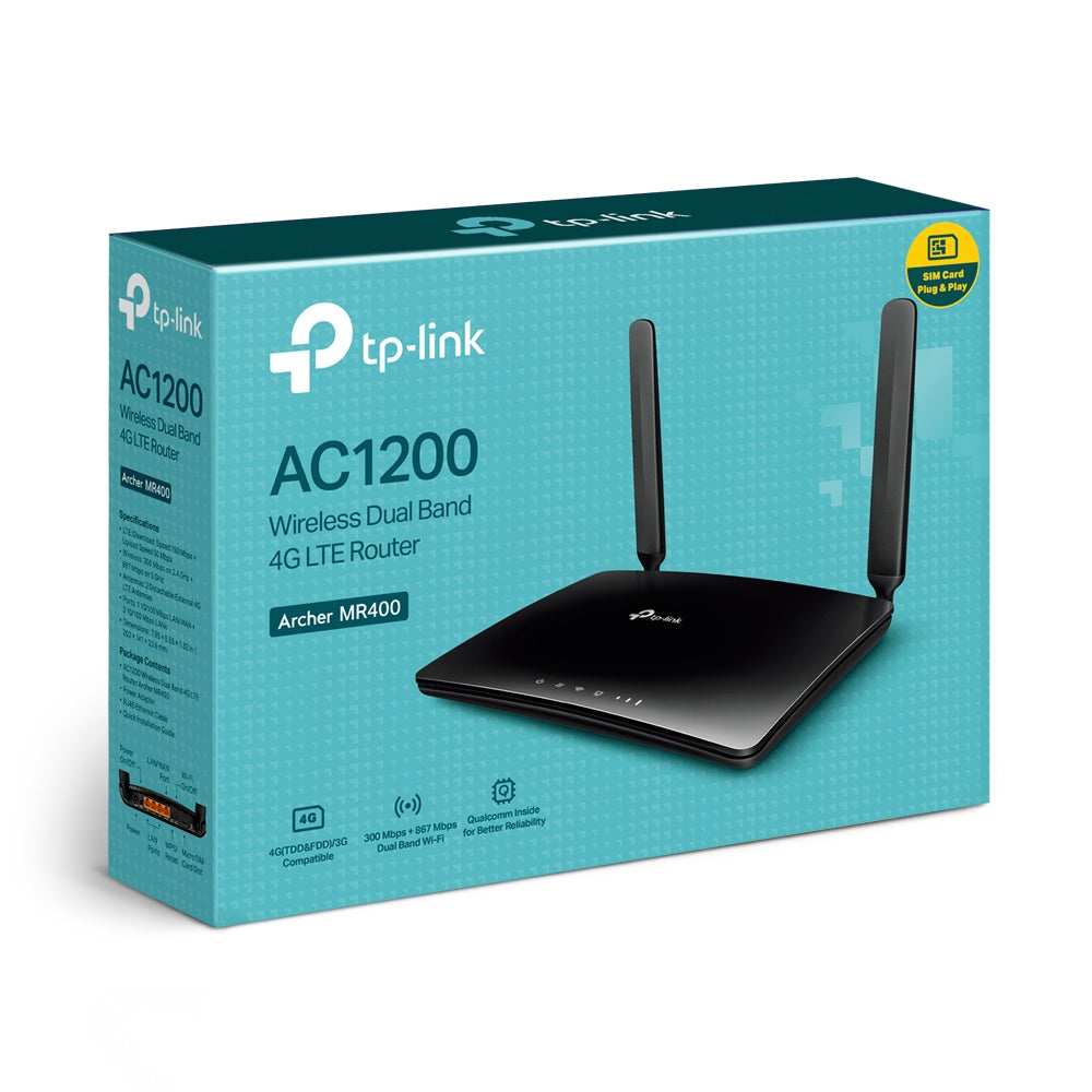 TP-Link Archer MR400 – LTE-Router, Wi-Fi 5, Dual-Band (2,4/5 GHz), bis 867 Mbit/s, 3x RJ-45 (10/100), 4G SIM-Slot