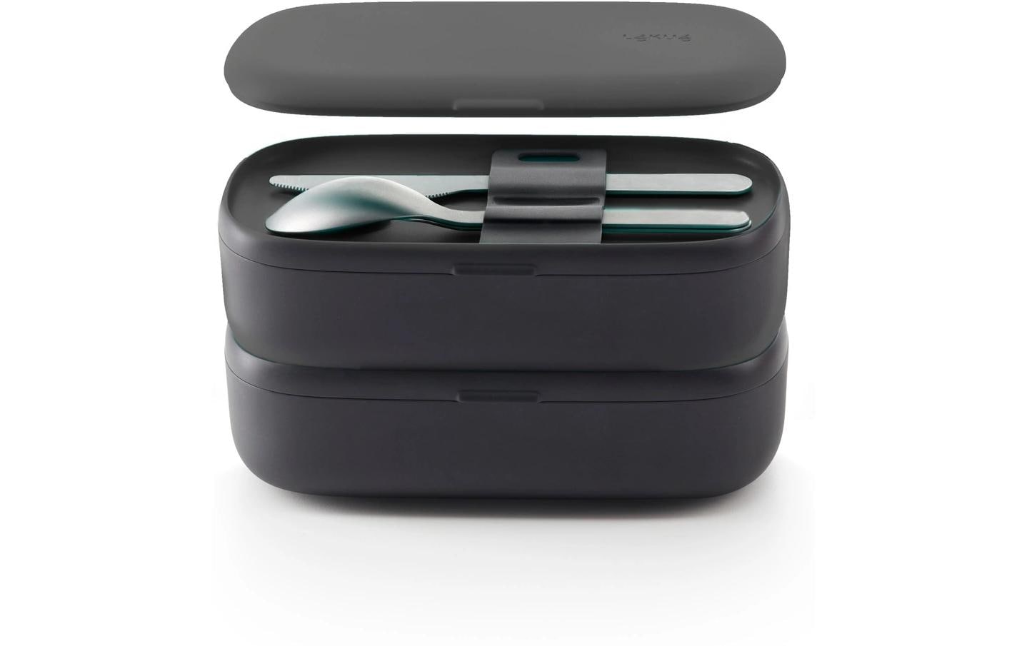 Lékué Lunchbox – 1 l, 10,0 × 19,2 × 11,0 cm, Kunststoff (PP), Schwarz, mikrowellengeeignet, mit Besteck