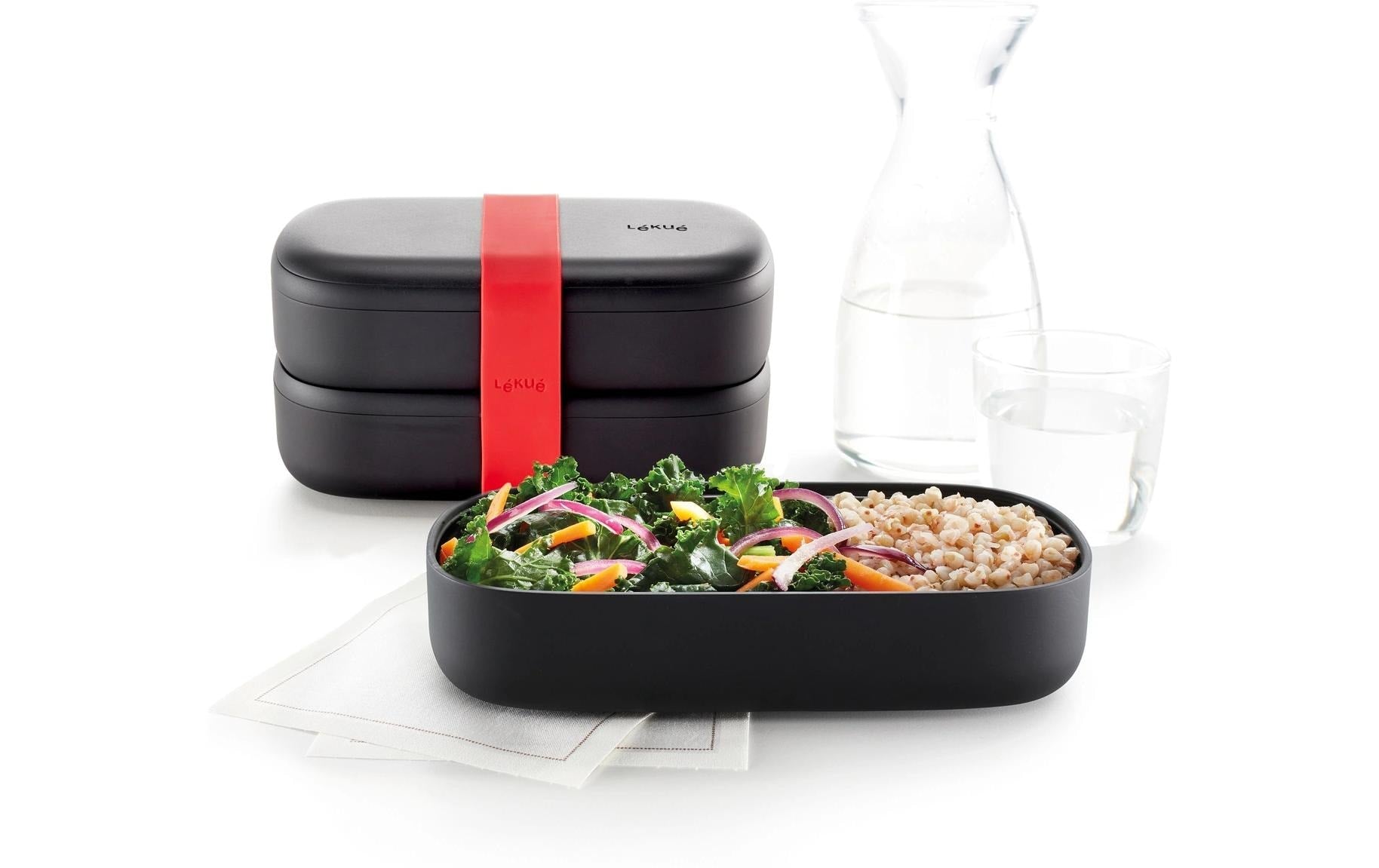 Lékué Lunchbox – 1 l, 10,0 × 19,2 × 11,0 cm, Kunststoff (PP), Schwarz, mikrowellengeeignet, mit Besteck