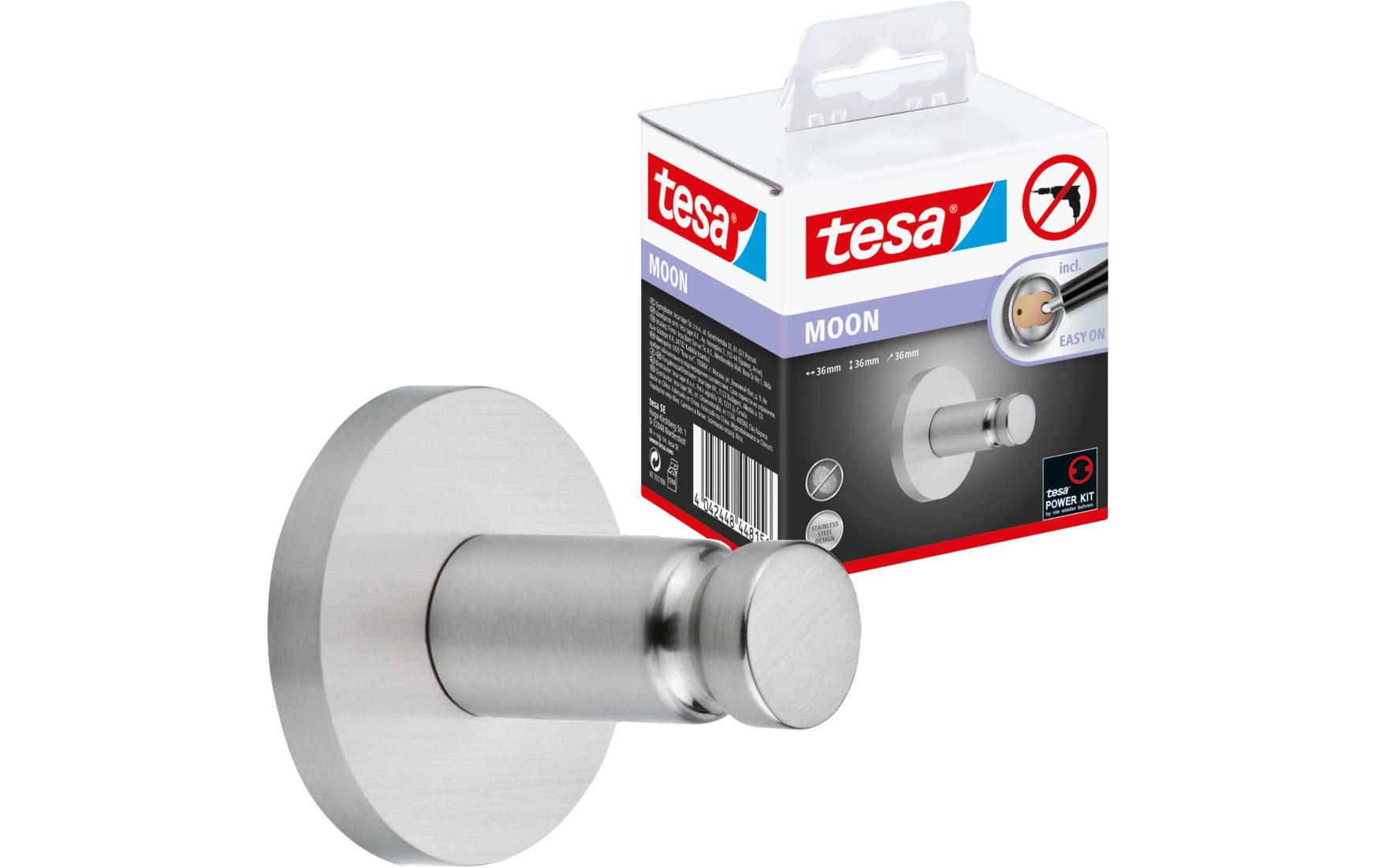 TESA Haken Moon – Edelstahl, 4 kg, Klebestreifen, 3,6×3,6×3,6 cm