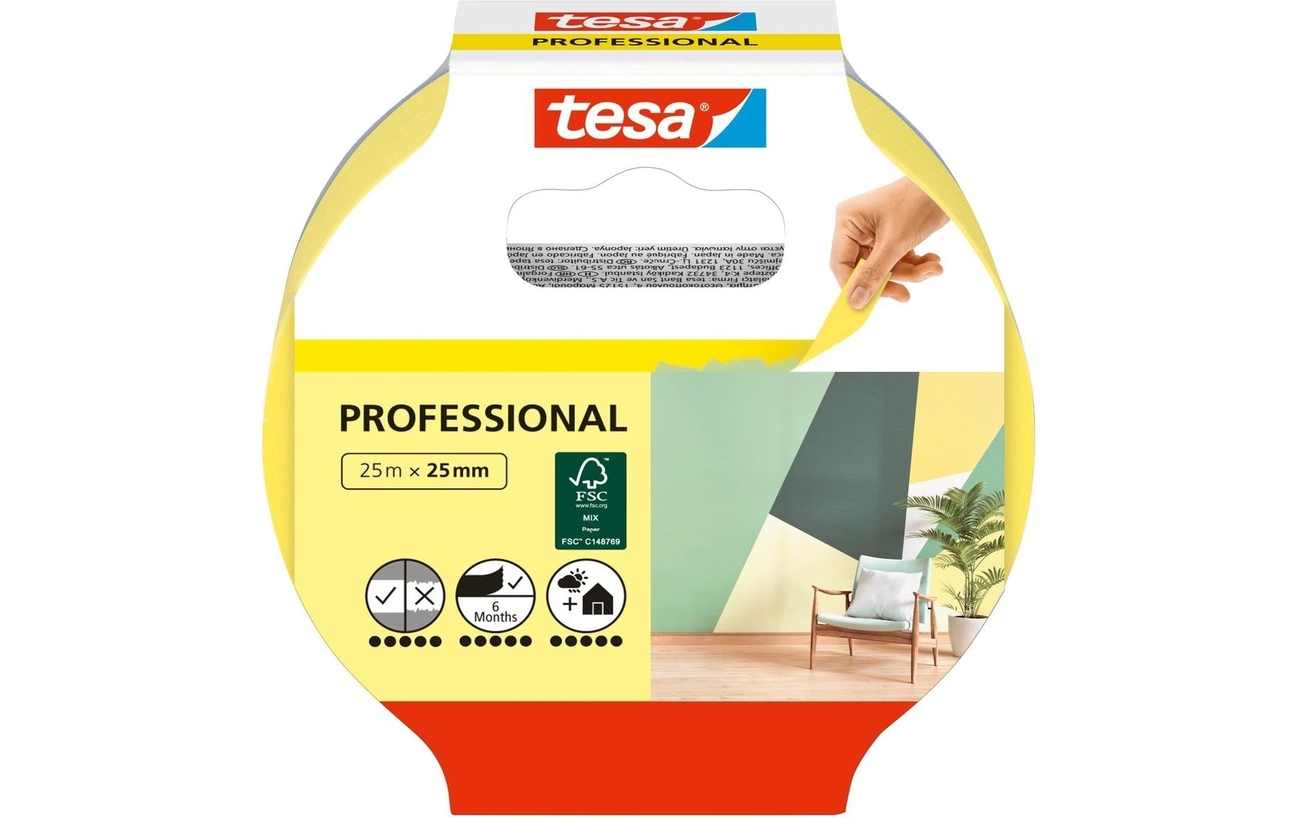 TESA Malerband Precision Indoor, gelb – 25 mm × 25 m, innen, rückstandsfrei bis 150 Tage