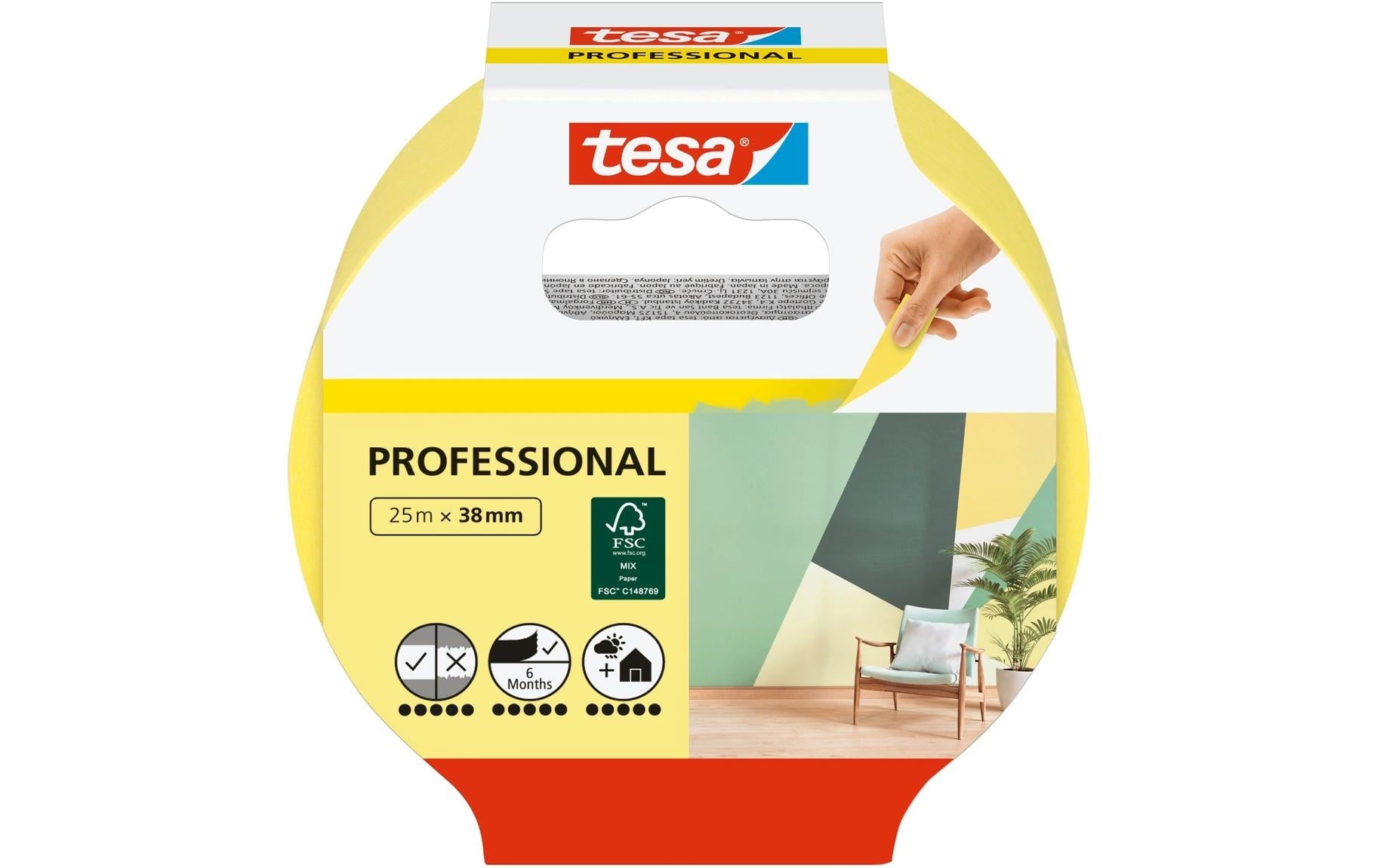 TESA Malerband Precision Indoor, gelb – 38 mm × 25 m, innen/aussen, rückstandsfrei bis 150 Tage