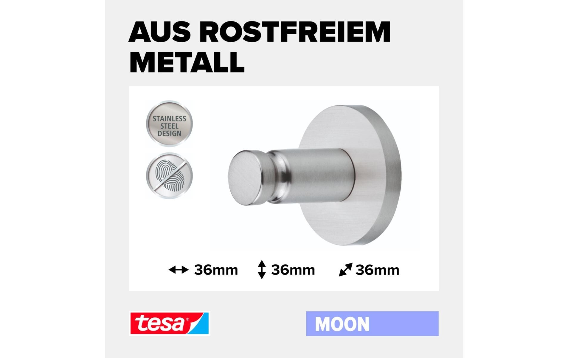 TESA Haken Moon – Edelstahl, 4 kg, Klebestreifen, 3,6×3,6×3,6 cm
