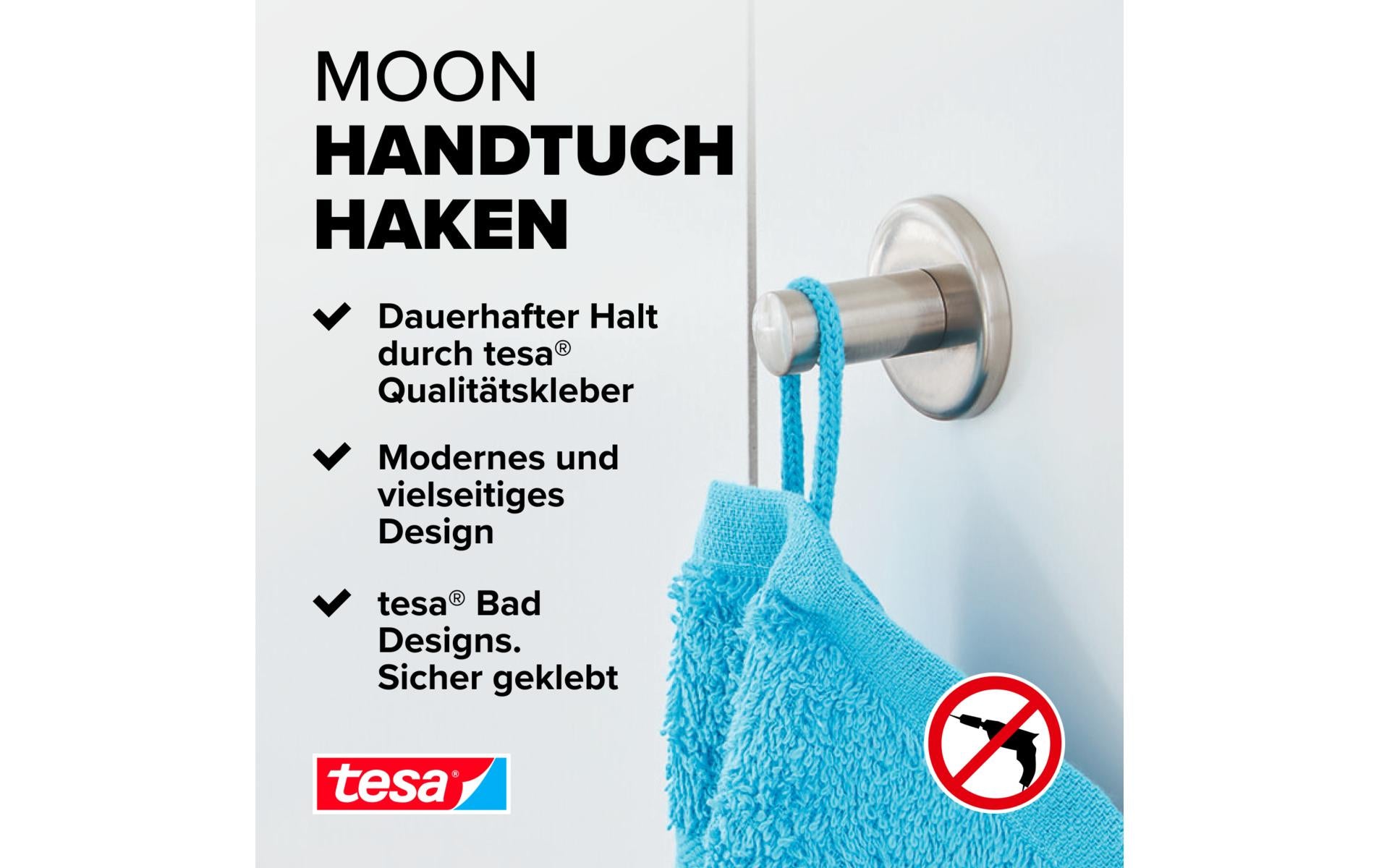TESA Haken Moon – Edelstahl, 4 kg, Klebestreifen, 3,6×3,6×3,6 cm
