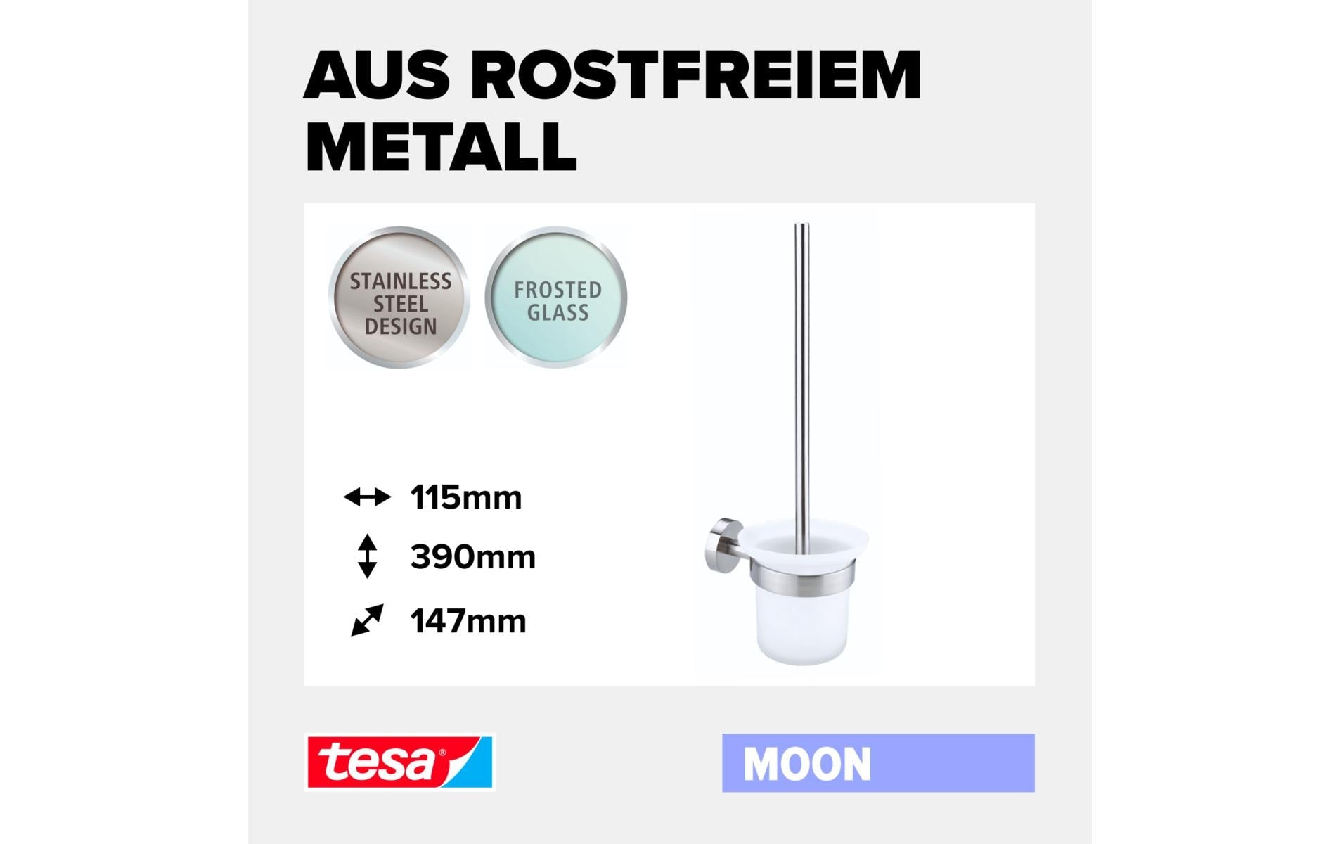 TESA WC-Garnitur Moon – Edelstahl/Glas, Weiss, Wandmontage, 14,7 × 11,5 × 39 cm