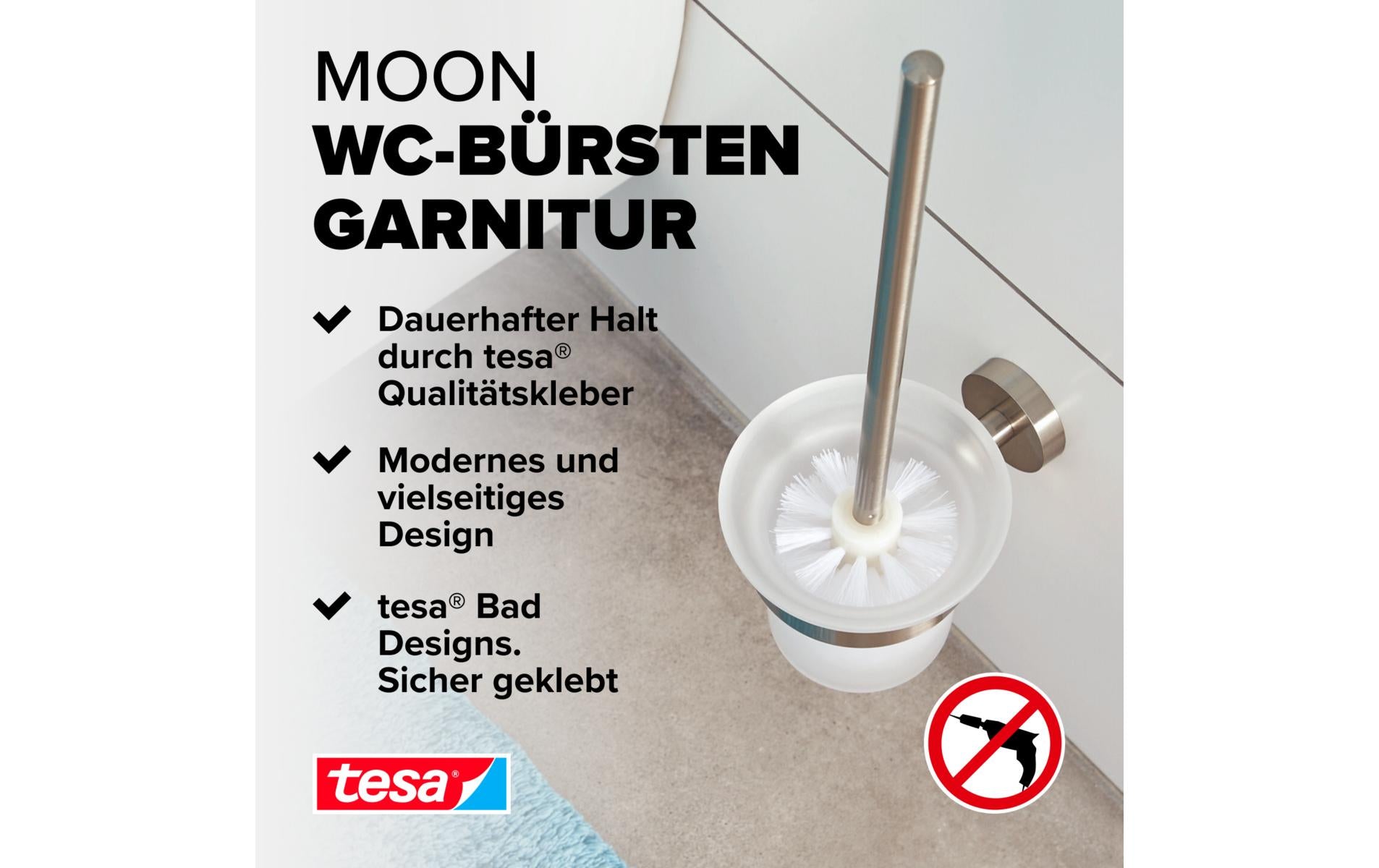 TESA WC-Garnitur Moon – Edelstahl/Glas, Weiss, Wandmontage, 14,7 × 11,5 × 39 cm