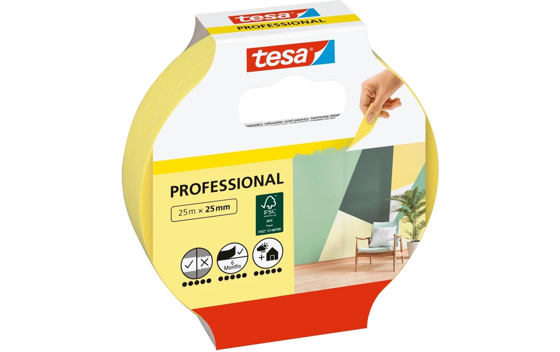 TESA Malerband Precision Indoor, gelb – 25 mm × 25 m, innen, rückstandsfrei bis 150 Tage