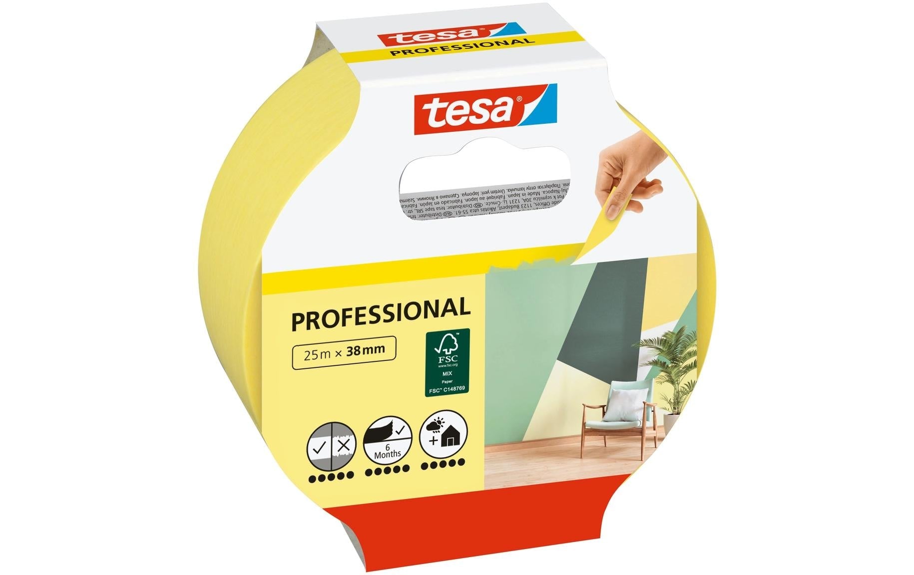 TESA Malerband Precision Indoor, gelb – 38 mm × 25 m, innen/aussen, rückstandsfrei bis 150 Tage