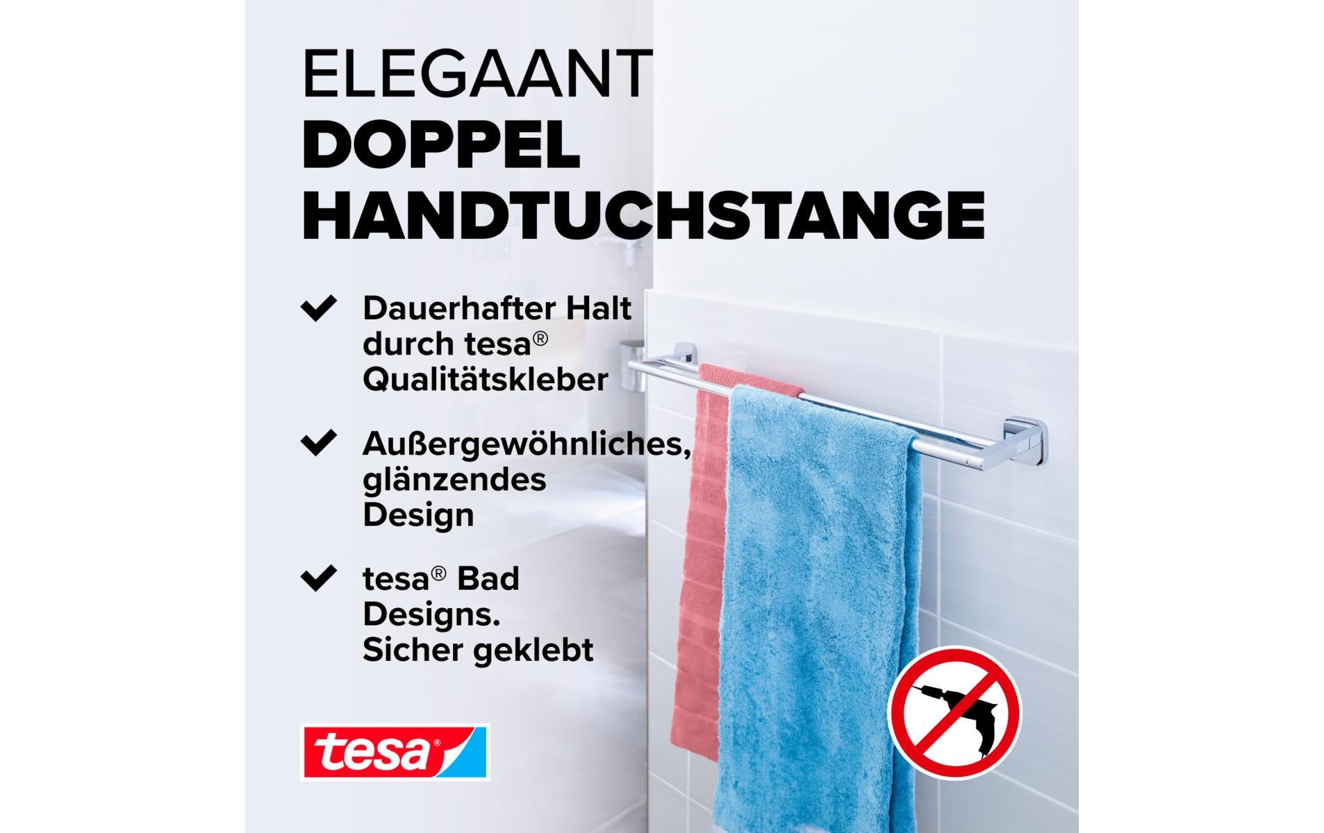 TESA Handtuchhalter, doppelt – Klebemontage – 63 cm Breite – Chrom – Metall