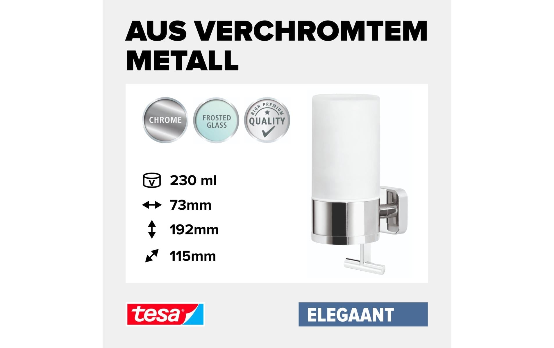 TESA Elegaant – Seifenspender, manuell, 230 ml, Wandmontage, Metall, Chrom, B 73 × H 192 × T 115 mm