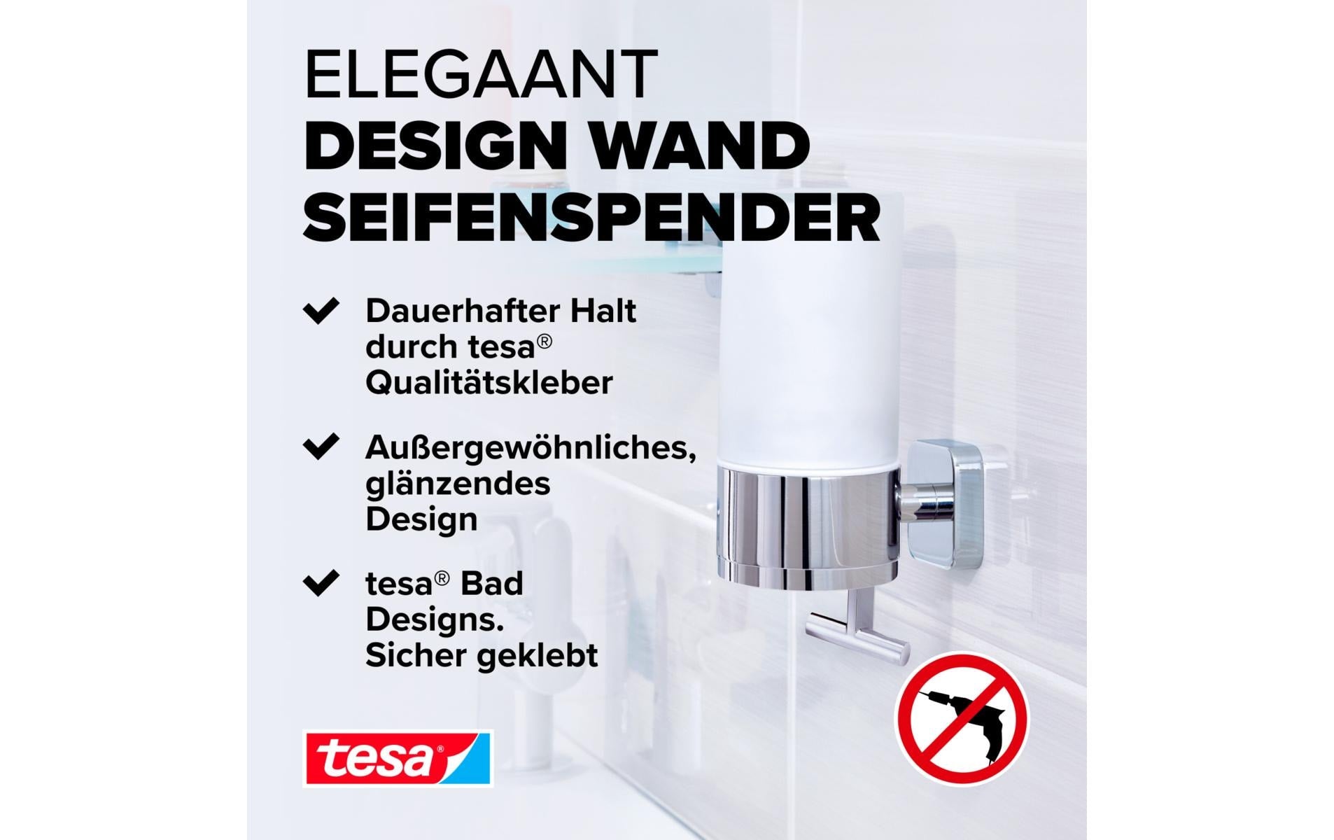 TESA Elegaant – Seifenspender, manuell, 230 ml, Wandmontage, Metall, Chrom, B 73 × H 192 × T 115 mm