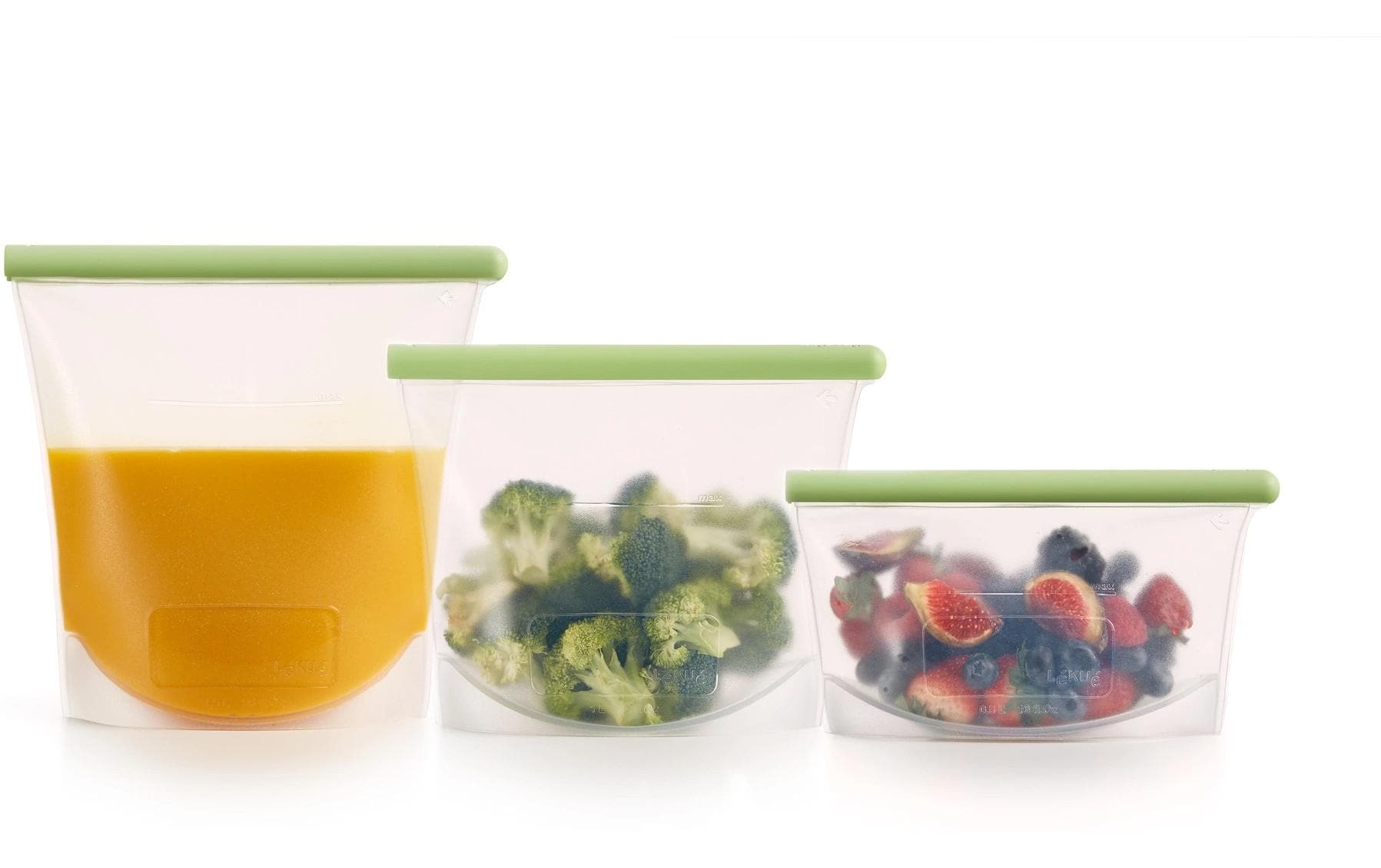 Lékué Vorratsdose 1,5 l, 20 × 21 cm, Silikon, grün/transparent, 3er-Set
