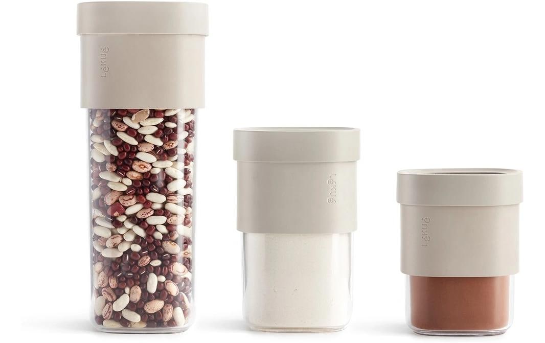Lékué Vorratsdose 2,5 l, Ø 11,4 × 25,5 cm, Polypropylen (PP), beige/transparent, 3-teilig