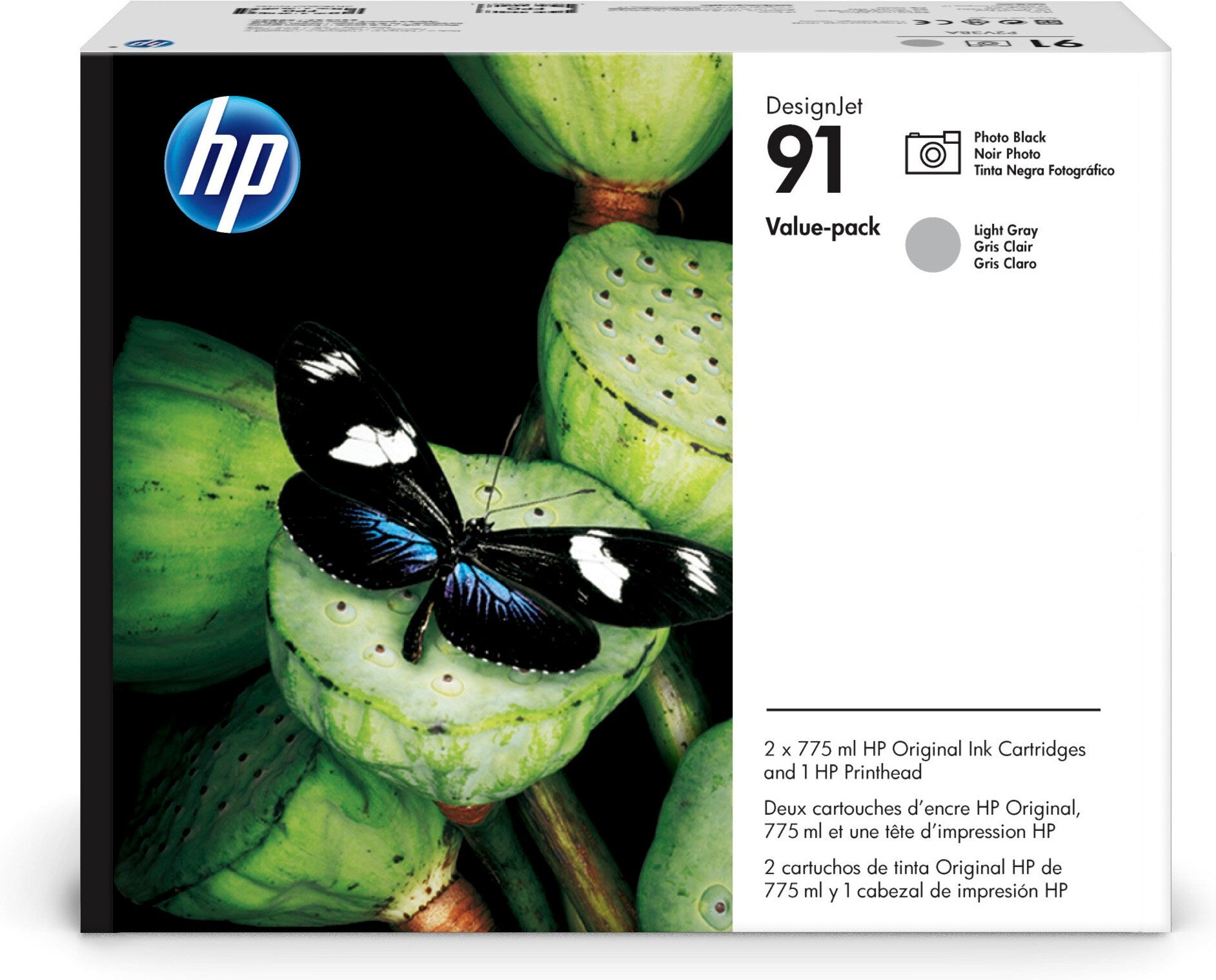 HP Value Pack Druckkopf + Tinte Nr. 91 – Foto Schwarz/Hellgrau, 775 ml – für HP DesignJet Z6100 PS