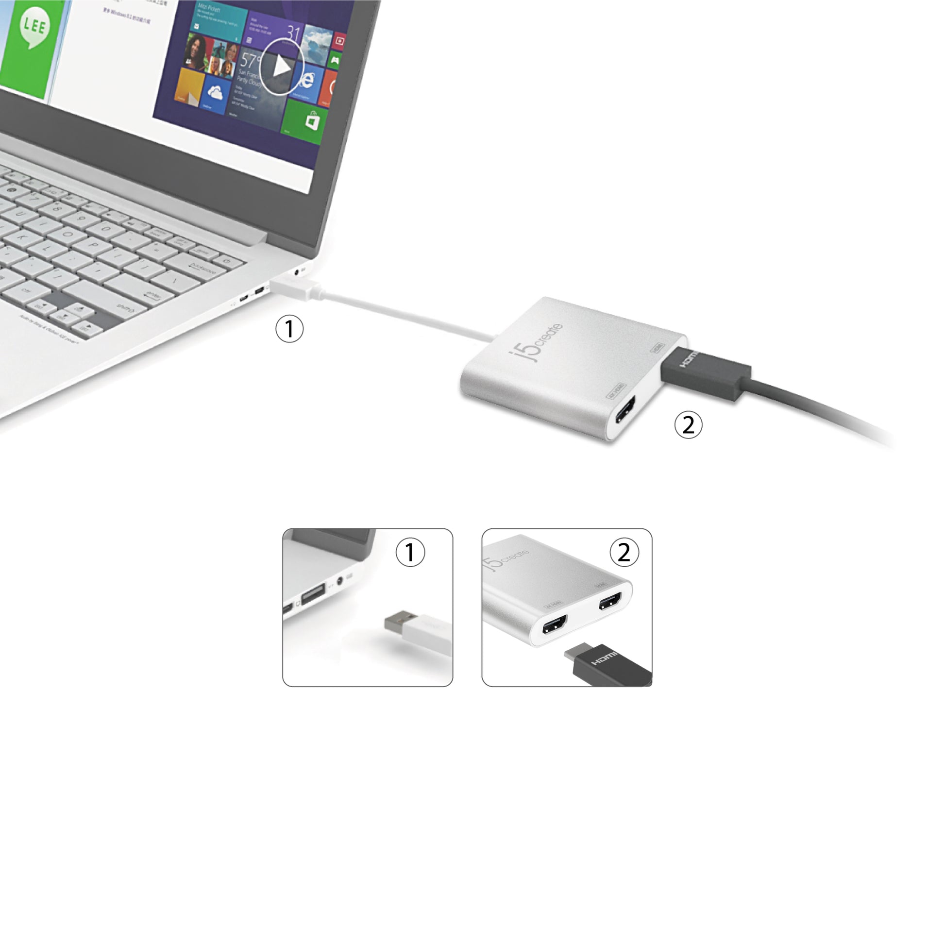 j5create JUA365-N Multi-Monitor-Adapter USB-A zu 2× HDMI – 4K (3840 × 2160) @ 30 Hz, für Windows, macOS