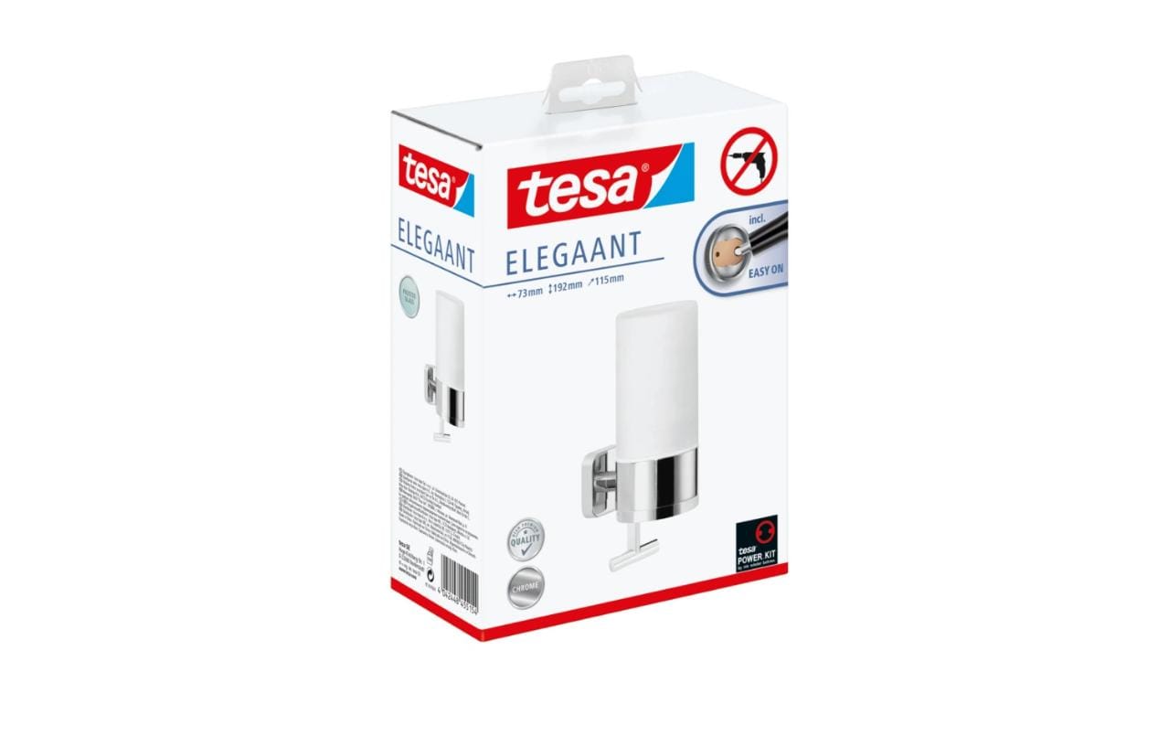 TESA Elegaant – Seifenspender, manuell, 230 ml, Wandmontage, Metall, Chrom, B 73 × H 192 × T 115 mm