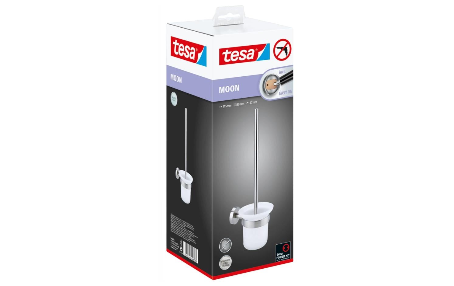 TESA WC-Garnitur Moon – Edelstahl/Glas, Weiss, Wandmontage, 14,7 × 11,5 × 39 cm