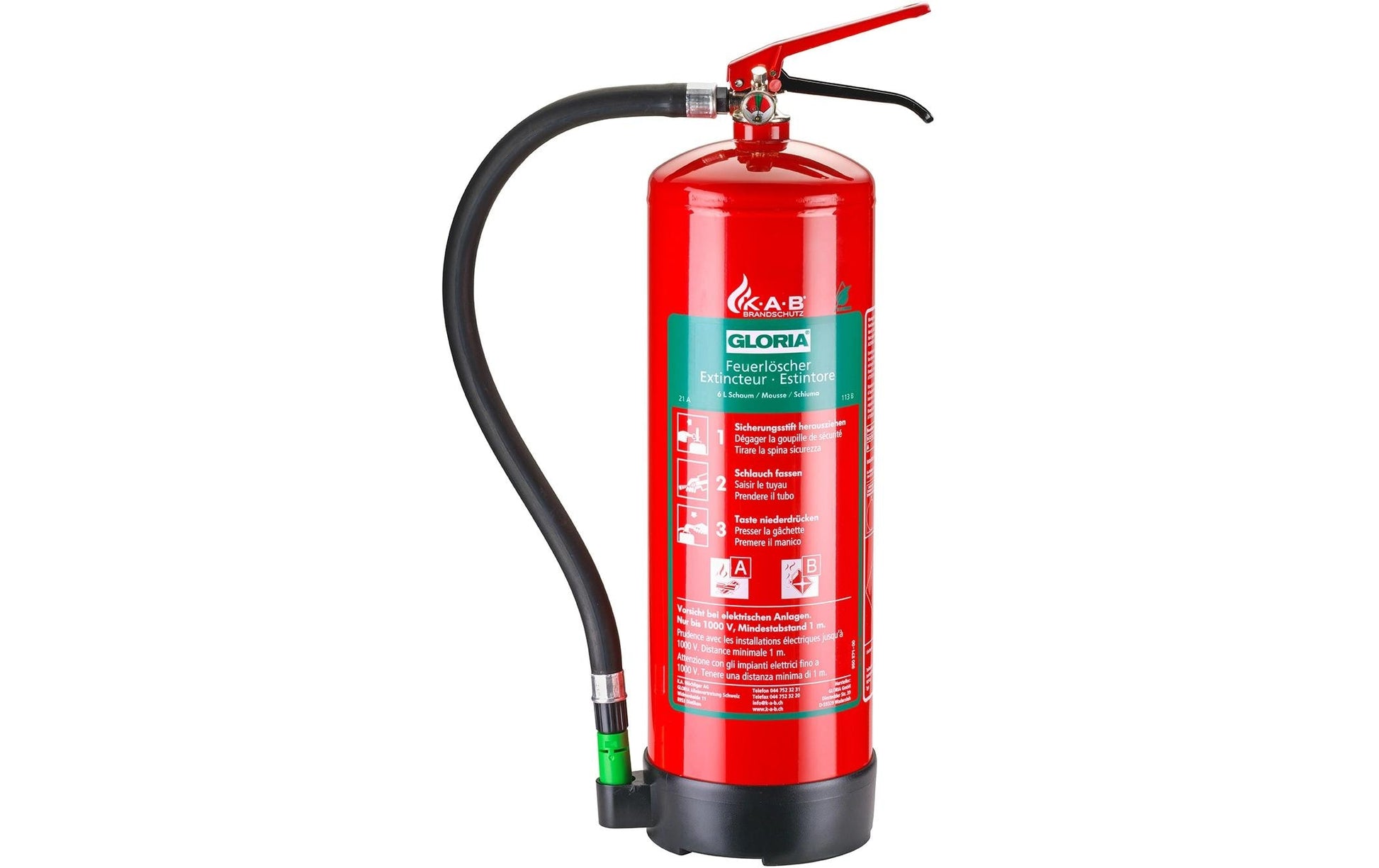 Gloria Schaum-Feuerlöscher – Füllmenge 6 kg, Brandklasse B, Höhe 590 mm, Breite 170 mm, Gewicht 10,9 kg