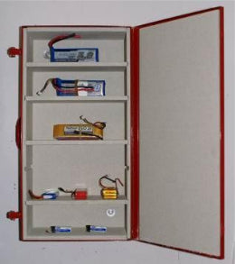 Willimann LiPo Firesafe Typ 03 Batterie-Aufbewahrungstasche – hängend, 5 Fächer, rot, B 340 × H 620 × T 160 mm