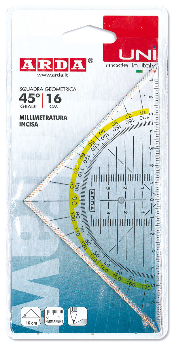 ARDA Wandtafel-Geodreieck – 16 × 16 cm, Kunststoff, transparent, Skalenfarbe schwarz