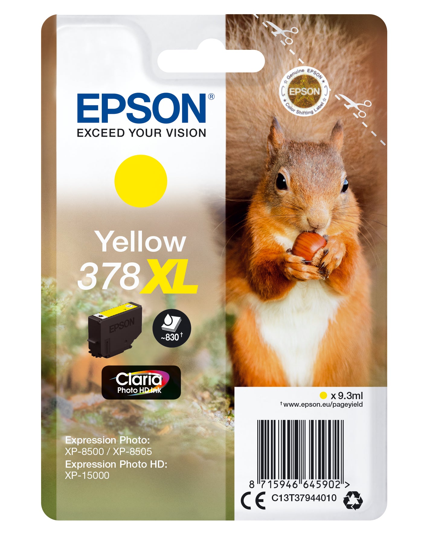 Epson 378XL Gelbe Tintenpatrone (Original) – 830 Seiten – für Expression Photo XP-8500/XP-8505, XP-15000