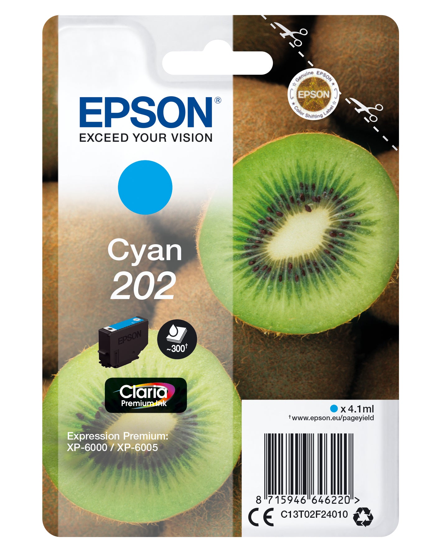 Epson 202 Cyan Tintenpatrone (Original) – 300 Seiten – für Expression Premium XP-6000/XP-6005 – C13T02F24010