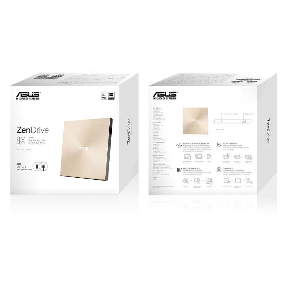 ASUS ZenDrive U9M SDRW-08U9M-U DVD±RW-Laufwerk – USB Typ C, M-Disc-Unterstützung, Gold